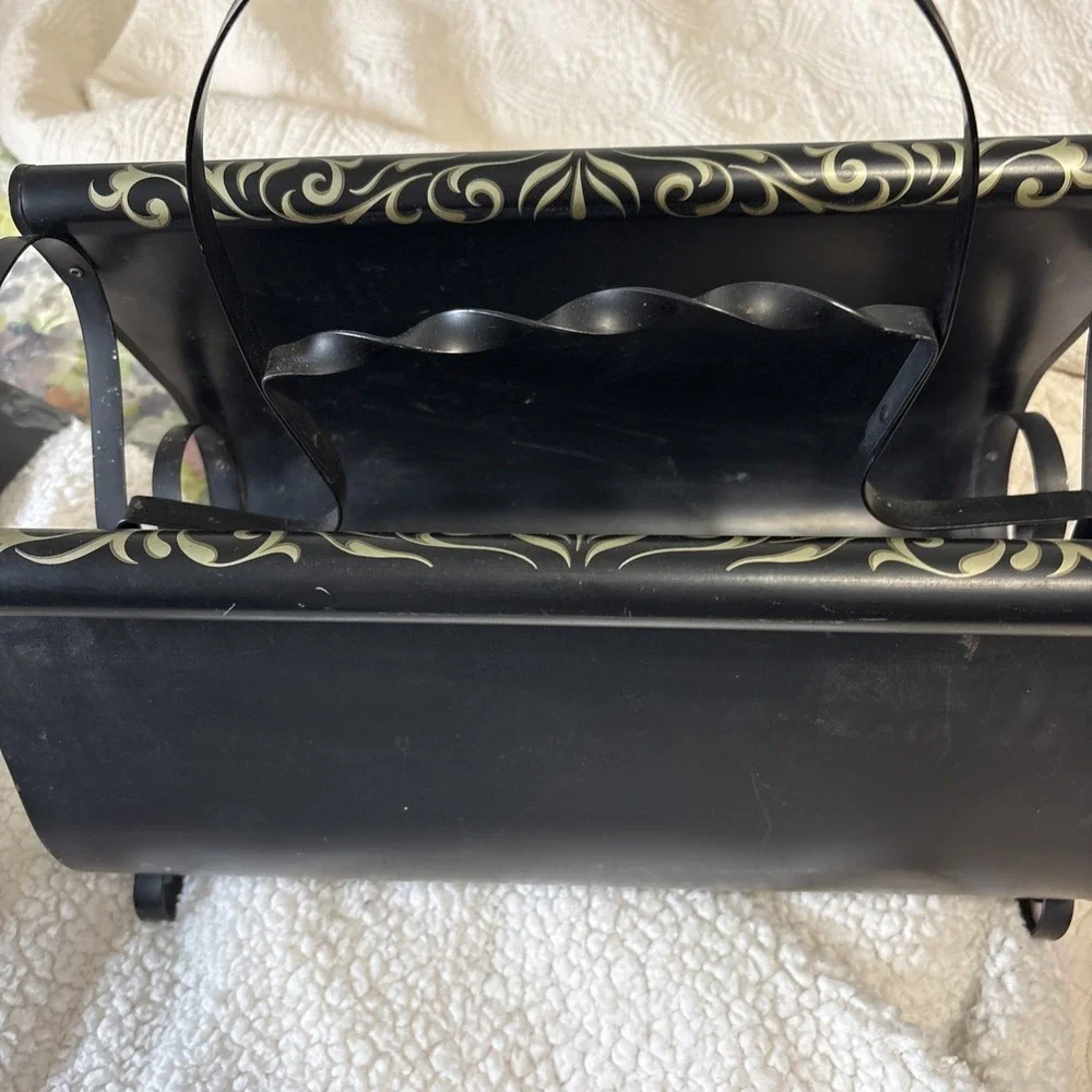 Vtg Black Tole Hand Painted Floral Birds Flowers Wrought Metal Magazine Holder